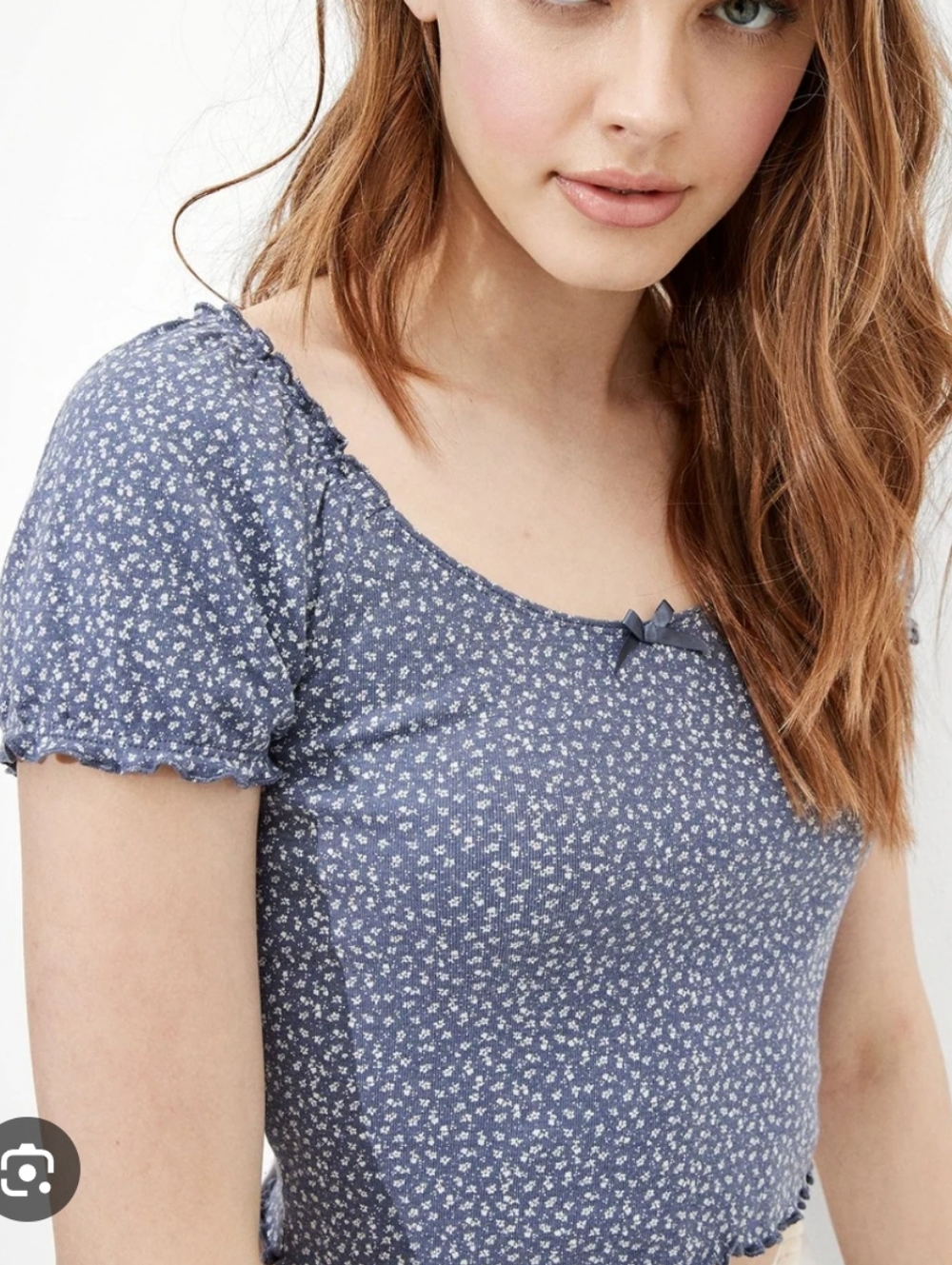 AE Sweet Blue Floral Crop Top w/ Ruffle & Bow Details, Size XL